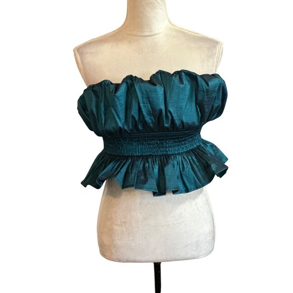 Fashion Nova Audri Metallic Teal Strapless Top Cropped Smocked Waist NWT XS - Picture 1 of 9